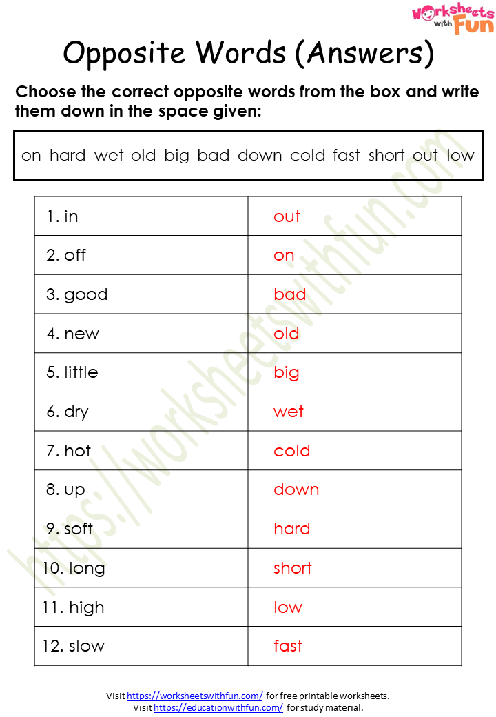 English Class 1 Opposite Antonyms Words Worksheet 1 Answer 